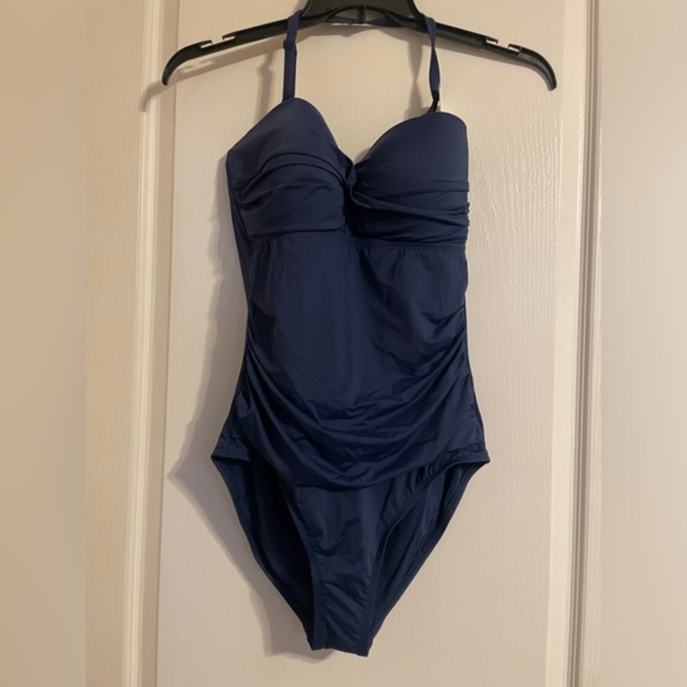 Jantzen Womens Navy Blue Ruched Tummy Control Halter One Piece Swimsuit 14